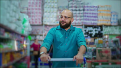 Male shopper pushing shopping cart at grocery store aisle browsing for products on shelves depicting consumer lifestyle habbits at supermarket