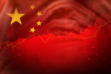 Yuan currency sign with Chinese flag and financial investment in  successful business moving up arrow background