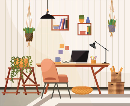 Home office. Interior vector illustration. Work from home. Furniture in office area selected for versatility and aesthetics Interior design of flat incorporates elements of tranquility and inspiration