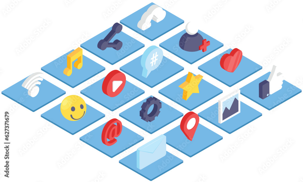 Poster icons for mobile devices set. basic gadget functions. social media, internet signs. phone applicatio