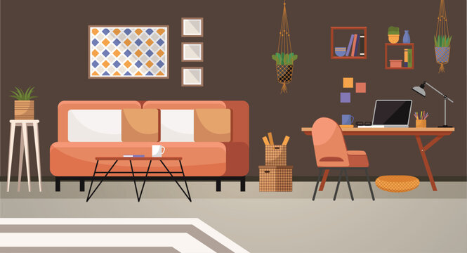 Home office. Interior vector illustration. Work from home. Furniture in workspace arranged for optimal workflow and efficiency Working remotely Interior design minimalist approach for room design