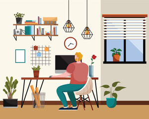 Home office interior. Vector illustration. Remote working from home or any place Scandinavian style cozy home office with homeplants Scandinavian or nordic style interior Freelance and convenient job