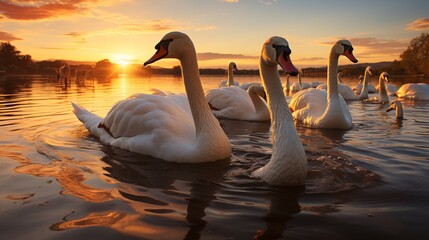 A flock of elegant swans gliding across calm waters during sunset, symbolizing elegance and serenity.