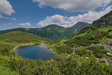 View to one of four Rohacske plesa mountain lakes in Vysoke Tatry mountains. Lakes  are 1719 metres...