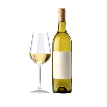 A detailed isolated image of a white wine bottle and glass mockup on a transparent background.