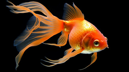 Goldfish isolated on black background, closeup of goldfish.