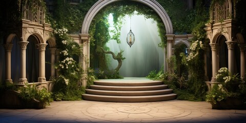 set of a king's castle garden background for theater stage scene