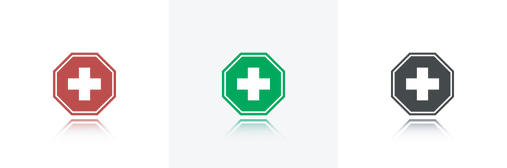 Obraz premium First aid sign Icon.Medical and pharmacy cross vector icon.Green square and white cross symbol icon.Vector illustration.