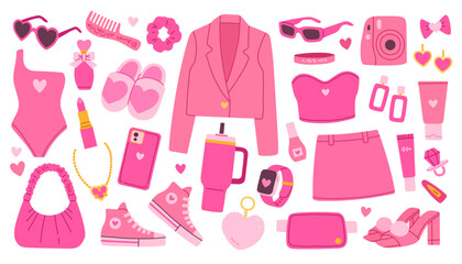 Pink trendy barbiecore set, pink aesthetic accessories and clothing
