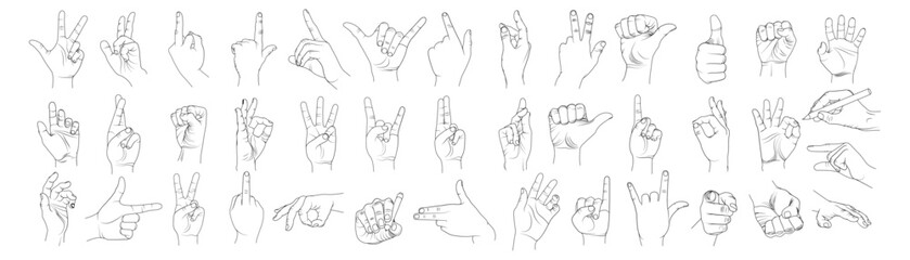 Hands isolated on a Transparent background, Hand collection, vector outline illustration of Graceful Gestures, Set of finger