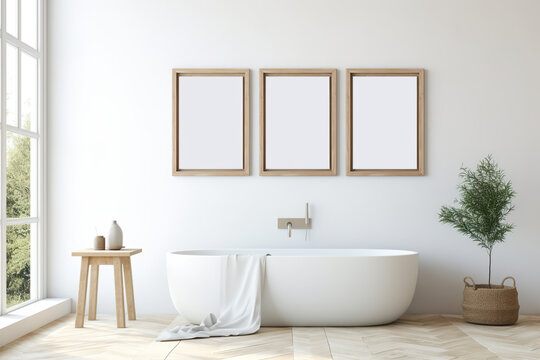 Modern ceramic bathtub with towel near Mock up poster frame in room