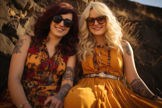 Two friends, one with brown hair and the other blonde, both with tattoos, looking at the camera