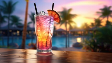 
Cocktail on the beach with palm trees on the background.

