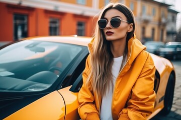 Stylish young woman posing with sport car, rich people concept