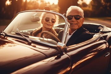Wealthy couple in classic convertible luxury car, rich elder lifestyle - obrazy, fototapety, plakaty