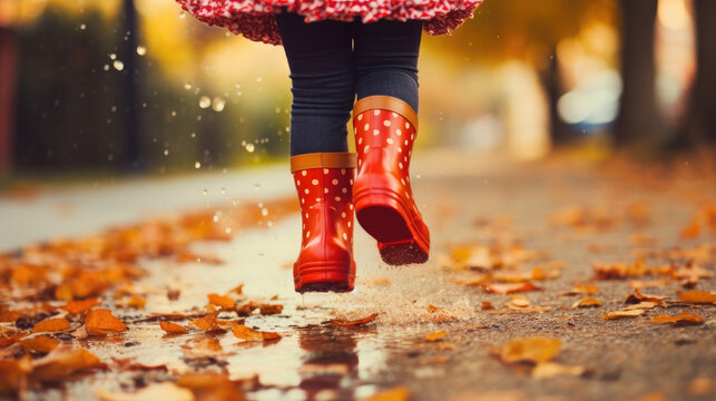 Autumn season. Child in red rubber boots with white polka dots jumping over puddle in rain. Toddler is having fun on rainy day outside.