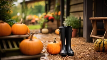 Black rubber boots standing next to orange pumpkin in the garden. Autumn harvest season with vegetables. 