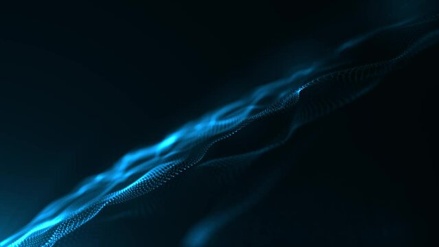 abstract futuristic wave background with particles, slow motion glowing blue particles on black background, seamless 4k loop animation