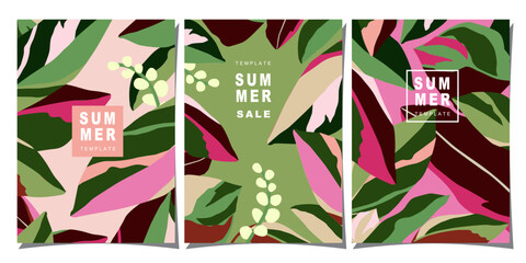 Summer template set for poster, card, cover, label, banner in modern minimalist style and simple summer design templates with tropical leaves, flower, and plants.