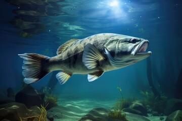 fish bass in habitat under water looking for prey. - obrazy, fototapety, plakaty