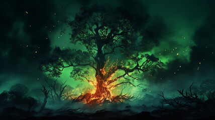 Fototapeta na wymiar wildfire disaster green tree caught fire at night natural destruction of forest fires The beasts fled to death. Environment damaged by global warming. generative AI