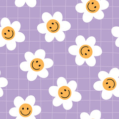 Fototapeta premium Floral retro pattern. Retro seamless pattern, Groovy background. Retro background. Smiling faces. 
