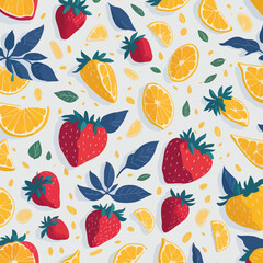 Lemon and strawberry Watercolor white background. Flat design fruit and fruit pattern