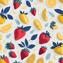 Lemon and strawberry Watercolor white background. Flat design fruit and fruit pattern