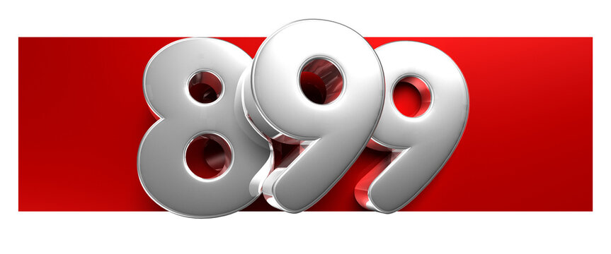 White number 899 over a red text box 3D illustration. Advertising signs. Product design. Product sales.