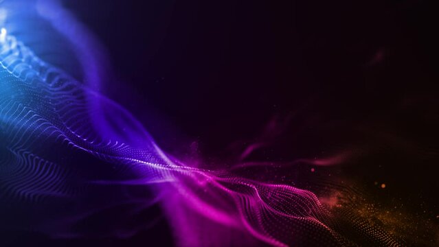 abstract futuristic technology wave background with particles, slow motion neon glowing particles on black background, seamless 4k loop animation