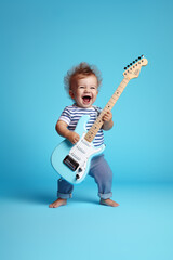 Little baby boy playing electric guitar against  light pastel blue background. Concept of happiness, good music, children's party, birthday celebrations. Generative AI.