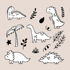 Cute hand drawn dinosaurs and tropical plants. Dino collection for kids. Funny characters set