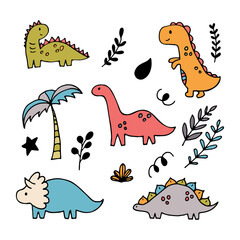 Funny coloured characters set. Cute hand drawn dinosaurs and tropical plants. Dino collection for kids