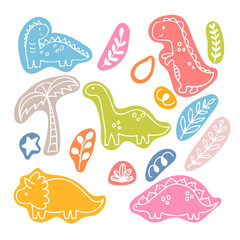 Cute hand drawn dinosaurs and tropical plants. Funny coloured characters set. Dino collection for kids