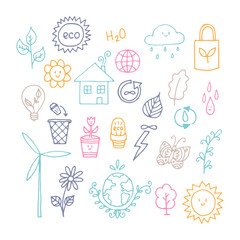 Hand drawn ecology, eco icons. Zero waste concept. Alternative energy. Ecological, green lifestyle
