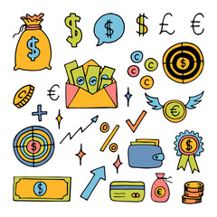 Hand drawn business icons. Finance, money, investment, strategy. Doodle, sketch design
