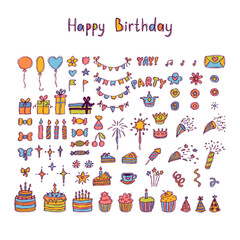 Hand drawn Birthday elements. Holiday collection. Doodle decoration. Party time clipart. Set of party elements
