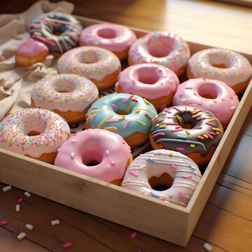 colorful donuts in a box. AI-generated images