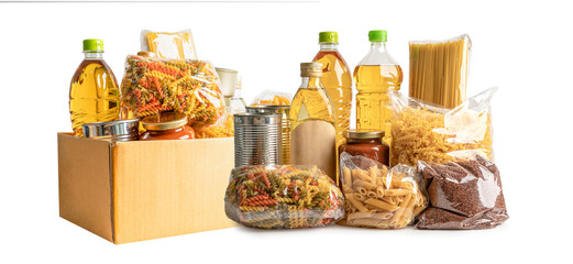 Foodstuff for donation, storage and delivery. Various food, pasta, cooking oil and canned food in...