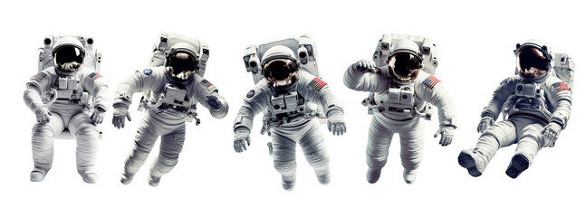 Set of astronaut in a space suit isolated on white or transparent background, various poses, png - obrazy, fototapety, plakaty