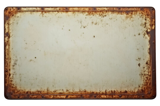 Old blank rusty metal sign isolated on transparent or white background, png