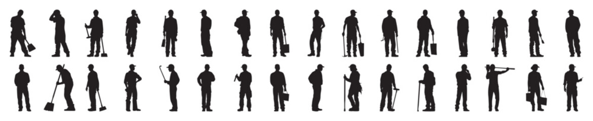 Worker silhouette set. Collection of worker silhouettes on isolated background. Vector illustration
