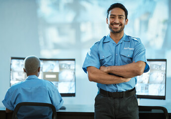 Portrait, security and man with smile in control room as employee at agency with asian. Face,...