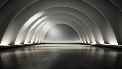 Empty interior background. White rounded textured empty wall and smooth light floor with stunning lighting. 
