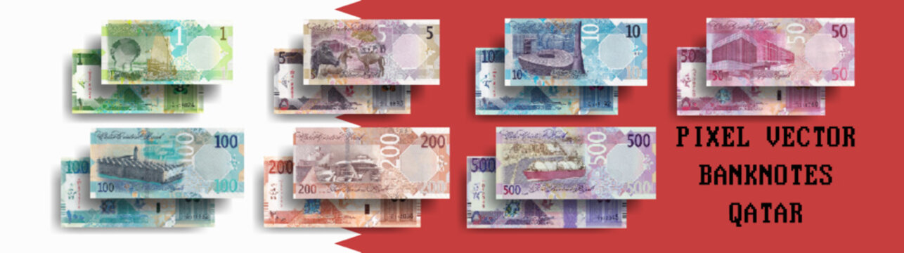 Vector pixelated mosaic set of Qatar banknotes. Bills in denominations of 1, 5, 10, 50, 100, 200 and 500 Qatari riyals. Flyers or play money.