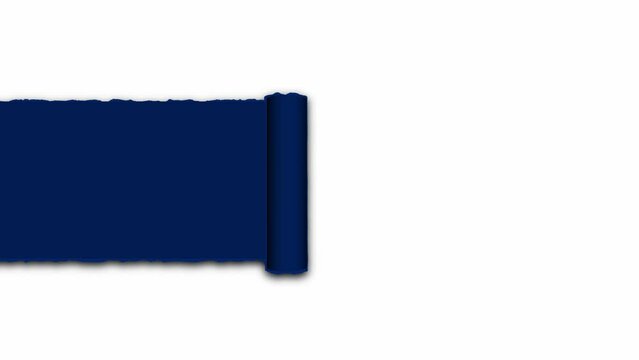 Scroll of blue torn paper rolls across white background animation