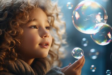 Naklejka premium Kid Blowing Soap Bubbles