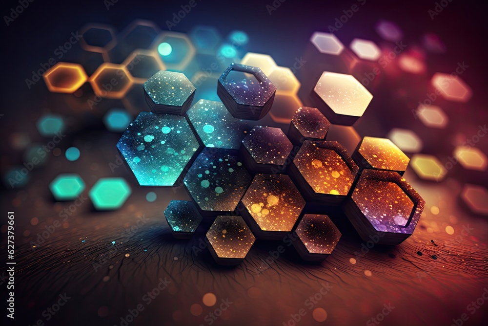 Aufkleber colorful hexagons on dark background with bokeh effect