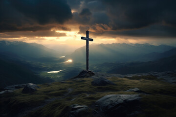 Concept of faith in God. Silhouette of a religious cross on hill in clouds. Hope for salvation, request for help to heaven