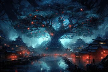 Magical tree with glowing red leaves in fantasy world. Beautiful surrealistic landscape at night.